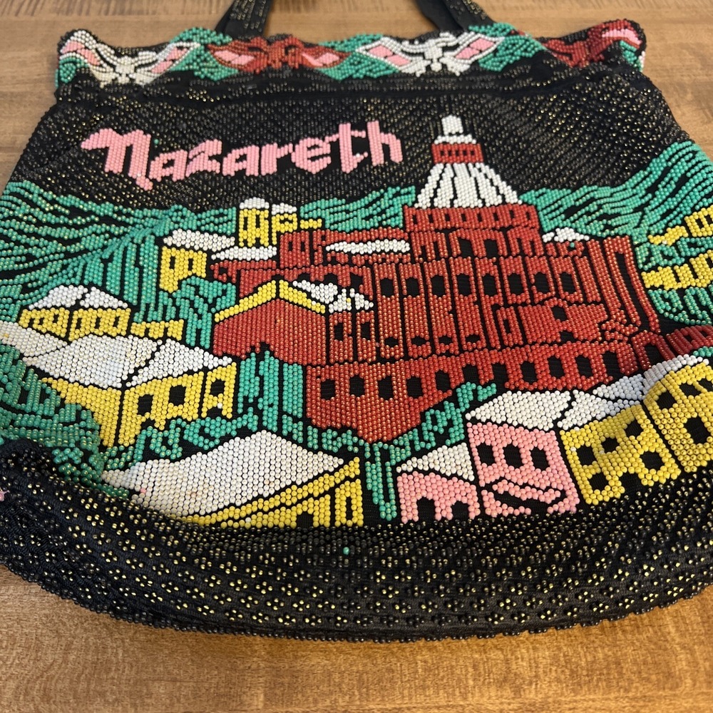 Vintage Nazareth Souvenir Rainbow Beaded Large Tote Bag Jerusalem - Picture 6 of 16